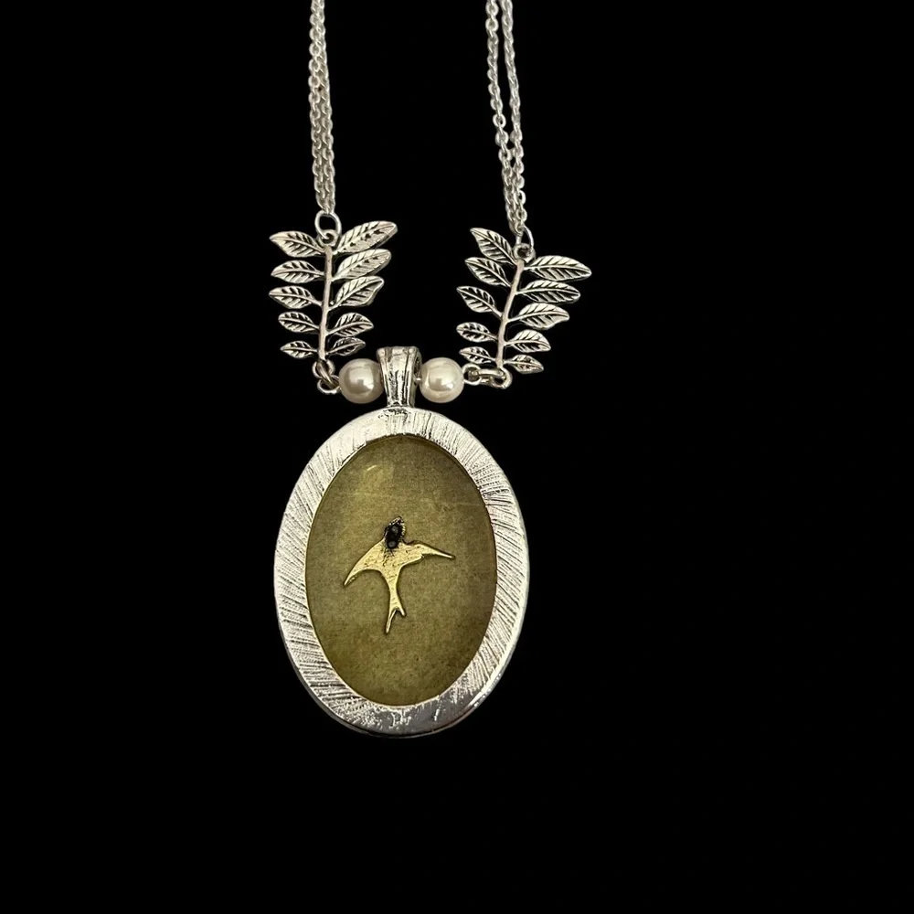 Double Slivertone Chain w/ Leaf & Faux Pearl & Gold/Yellow Pendant & Silver Bird